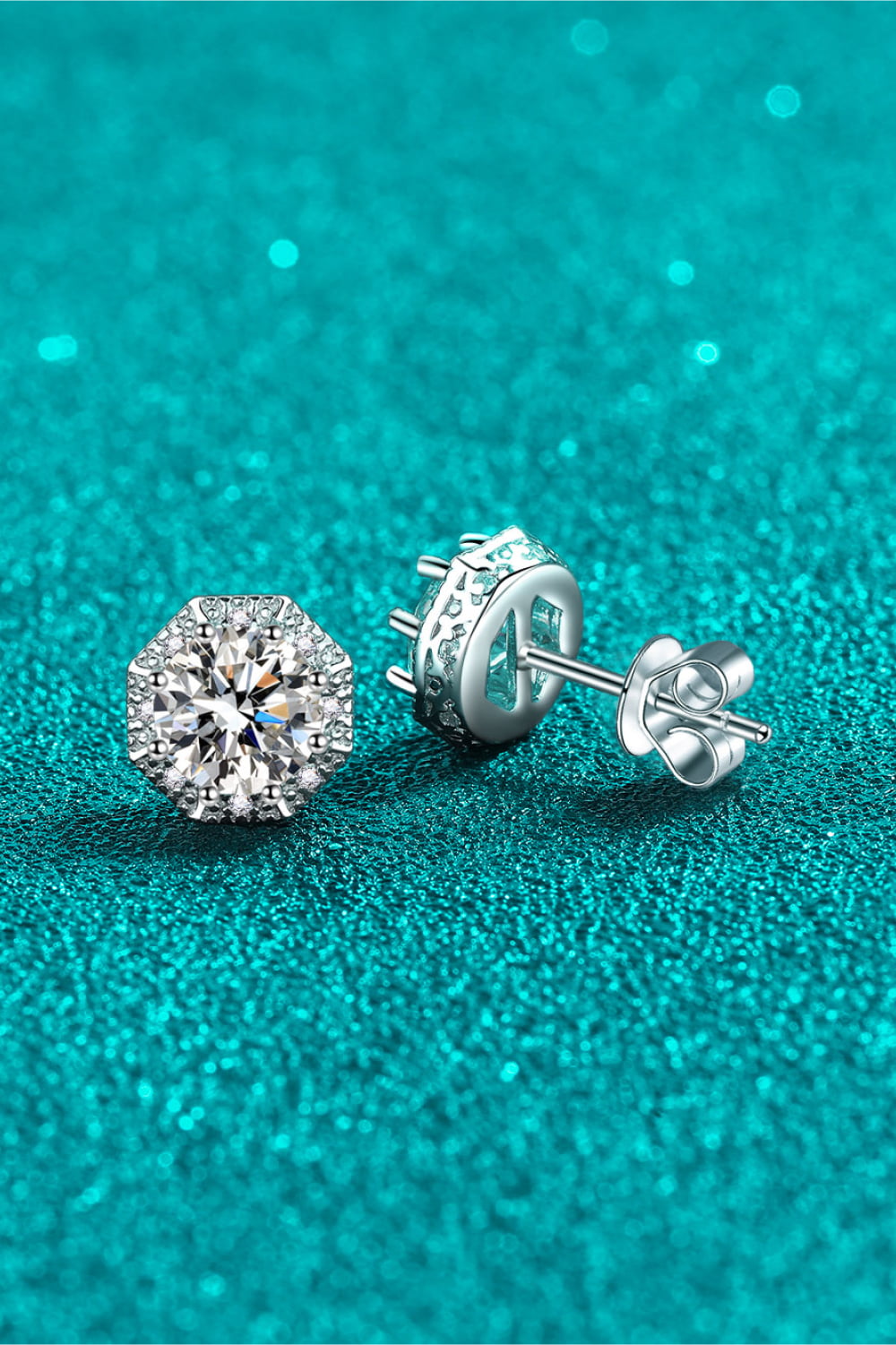 Octagonal halo moissanite stud earrings in silver, crafted from 925 sterling silver.