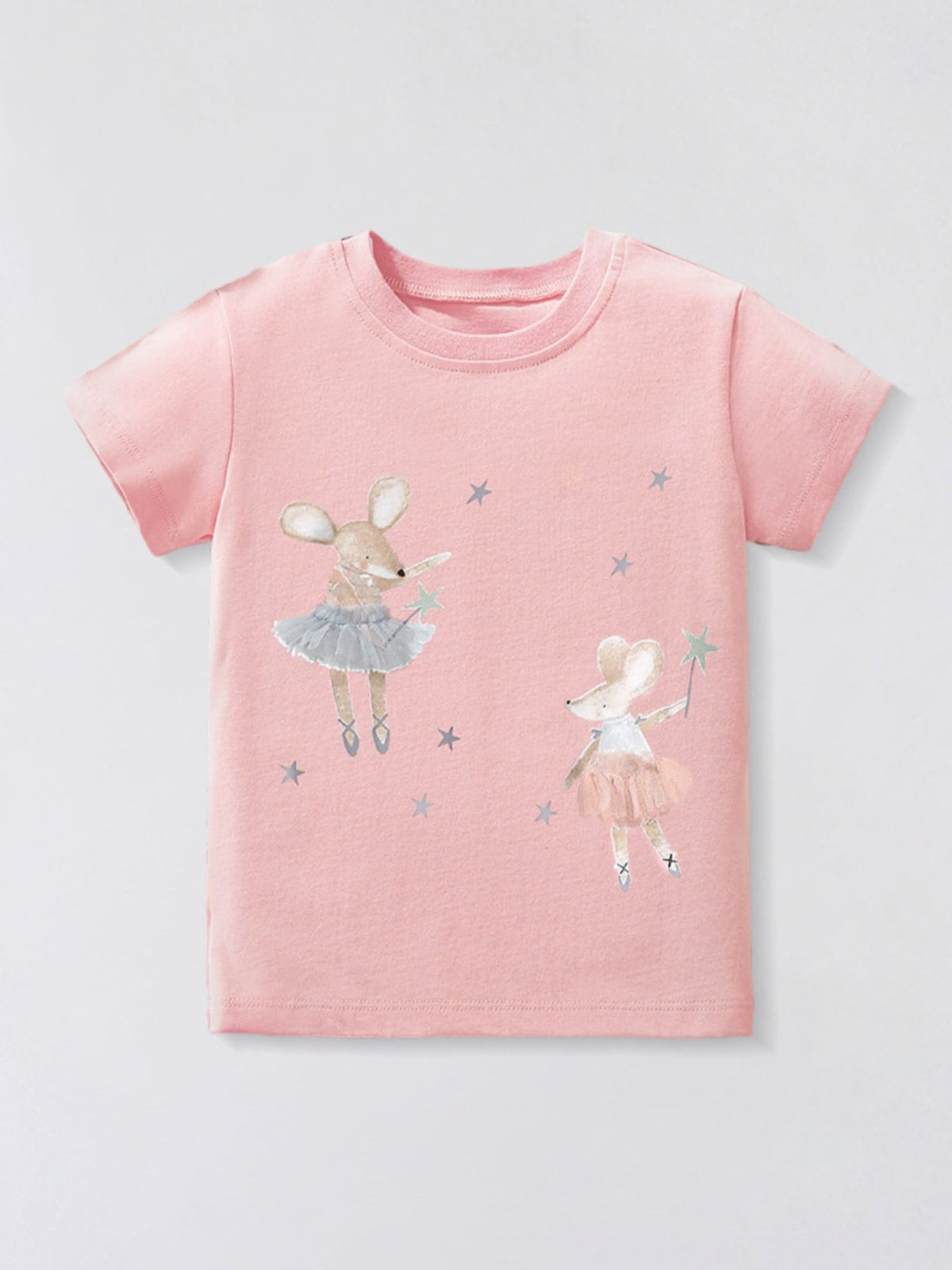 Toddler tee in blush pink with two dancing mouse ballerinas and stars graphic.
