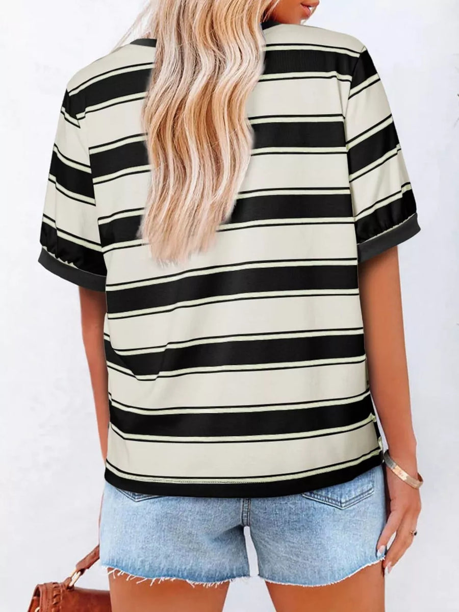 Classic striped crew neck tee in black and cream, short sleeves, casual women's top.