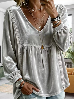 Velvet Lace Detail V-neck Blouse Plus Size in Pink with ruched
