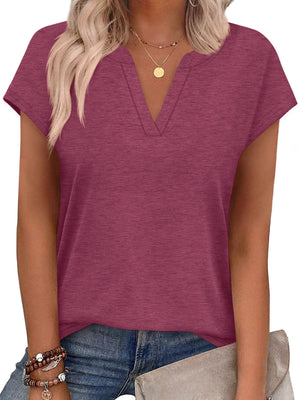 Burgundy heathered short-sleeve t-shirt with notched V-neck and contrast stitching.