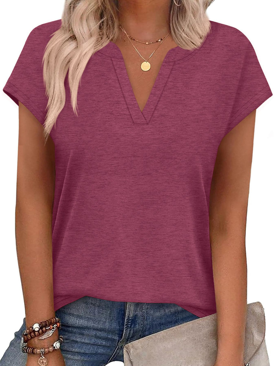 Burgundy heathered short-sleeve t-shirt with notched V-neck and contrast stitching.