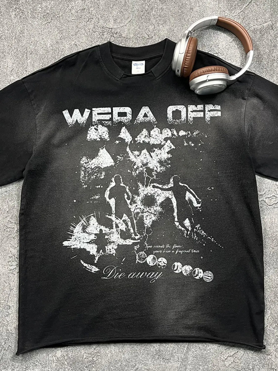 Black graphic tee with distressed "Wera Off" print and abstract figures.