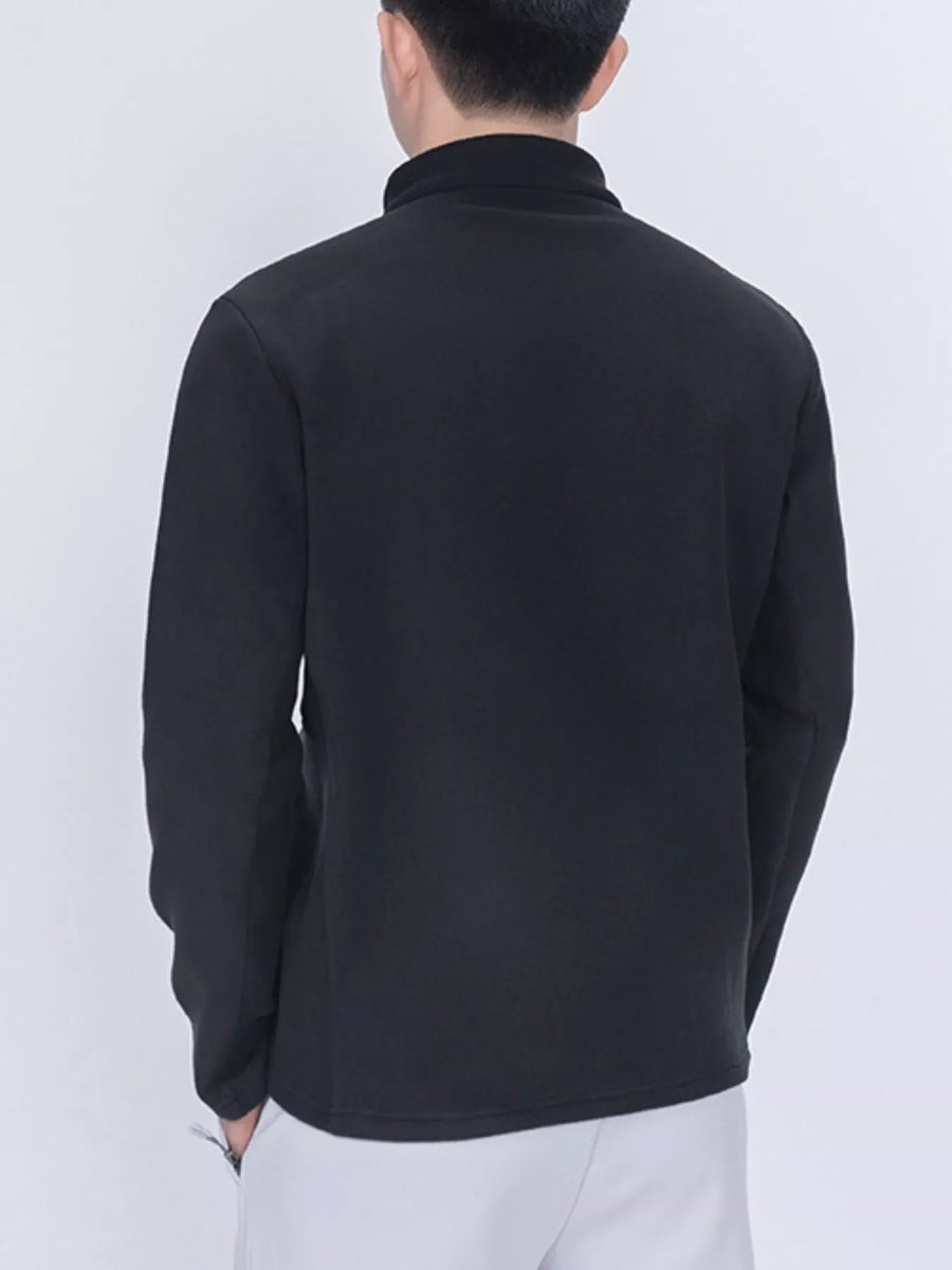 Black quarter-zip fleece top with long sleeves and a stand-up collar.