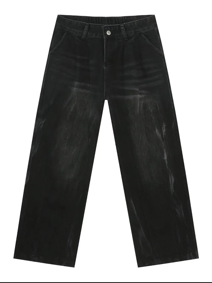 Pleated wide-leg distressed dark wash denim trousers with a casual fit.