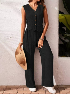 Black buttoned cropped vest and wide-leg pants set with textured fabric
