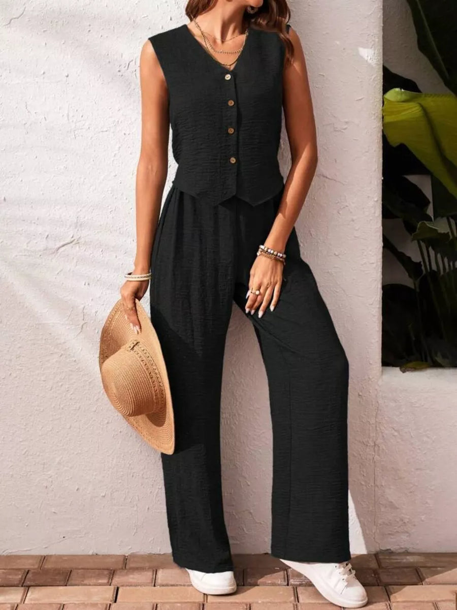 Black buttoned cropped vest and wide-leg pants set with textured fabric