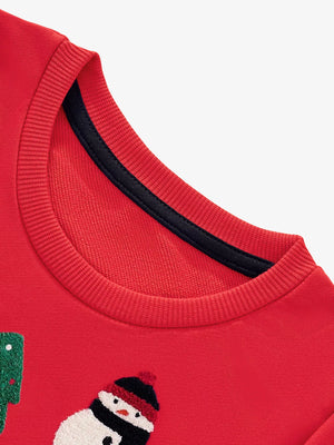 Red crew neck sweatshirt with embroidered Christmas tree and snowman details.