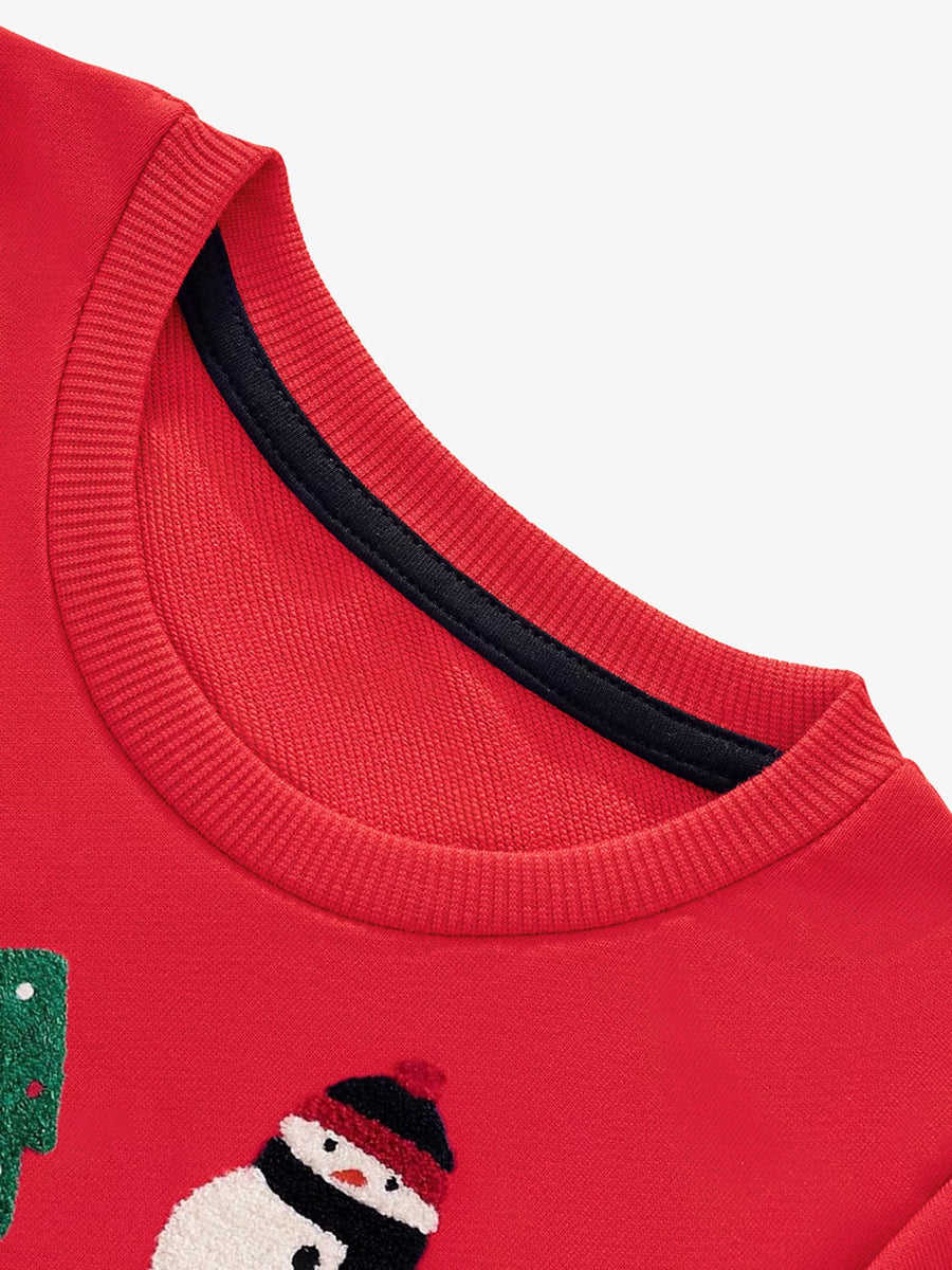 Red crew neck sweatshirt with embroidered Christmas tree and snowman details.