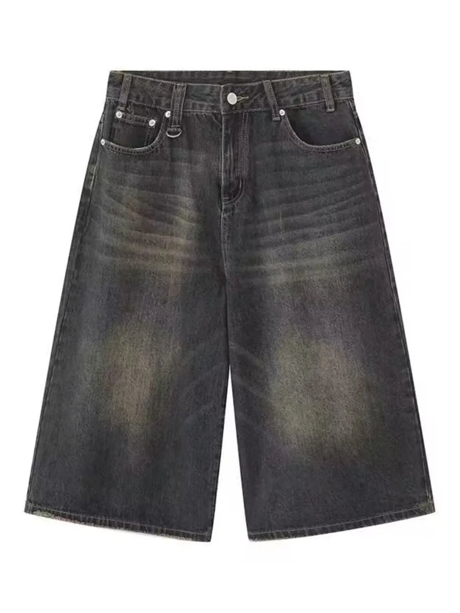 Dark wash wide-leg denim culotte shorts with vintage fade detail