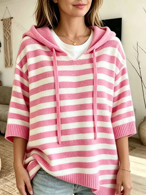 Gray Full Size Drawstring Striped Hooded Sweater
