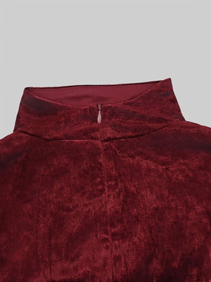 Velvet Mock Neck Ruched Slit Maxi Dress in Burgundy with ruched