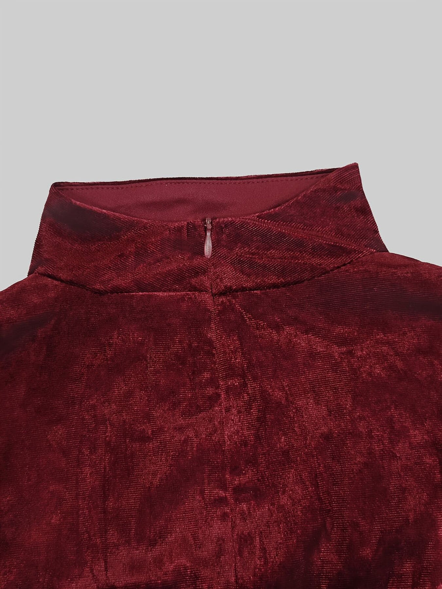 Velvet Mock Neck Ruched Slit Maxi Dress in Burgundy with ruched