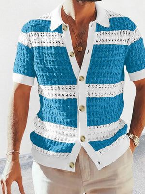 Striped crochet polo shirt in sky blue and white with short sleeves and button front.