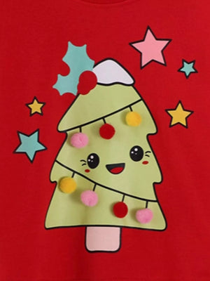 Red cotton blend sweatshirt with a cute Christmas tree graphic and pom-pom ornaments.