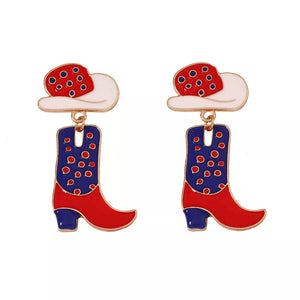 Western charm dangle earrings with cowboy boot and hat design, red, white, and blue with red polka dots.