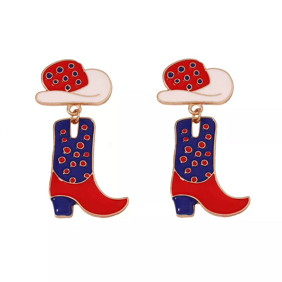 Western charm dangle earrings with cowboy boot and hat design, red, white, and blue with red polka dots.
