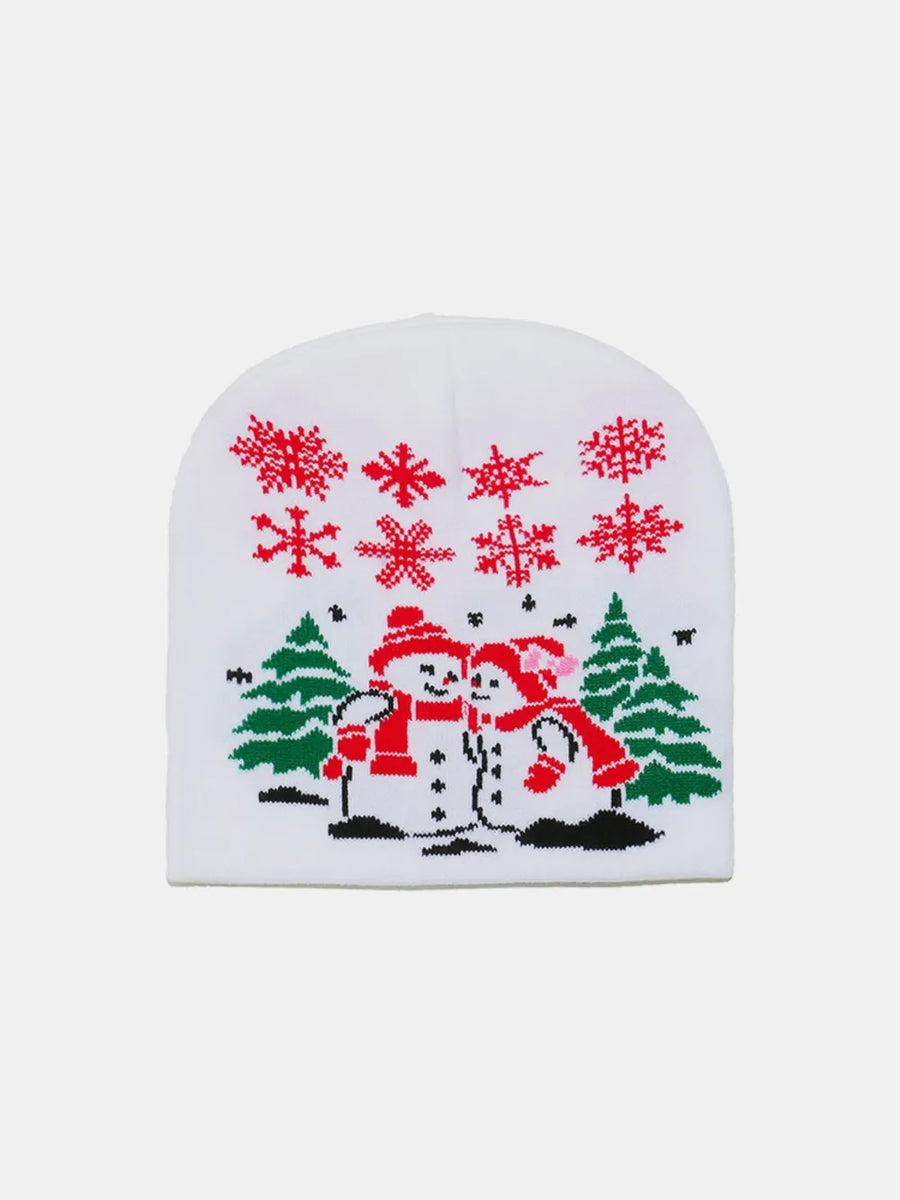 White acrylic beanie with a festive snowman and snowflake pattern.