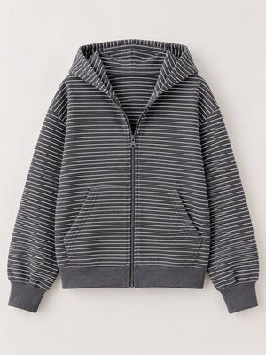 Relaxed Striped Zip-Up Hoodie in Apricot