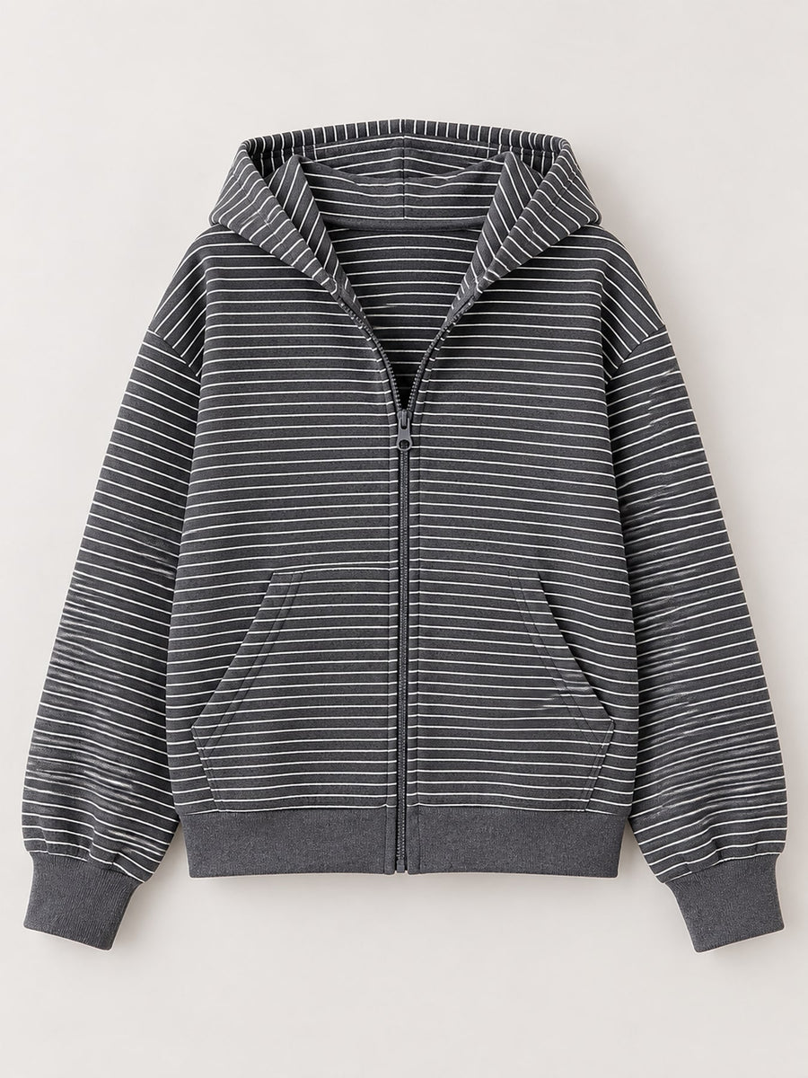 Relaxed Striped Zip-Up Hoodie in Apricot