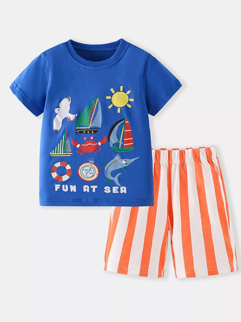 Blue graphic tee with nautical print and orange striped shorts set for baby boys