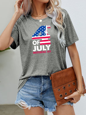 Mid Gray graphic tee with 4th of July Independence Day print, crew neck, short sleeves.