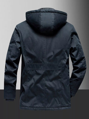 Men's dark blue hooded coat with fleece lining, featuring a back pocket detail.