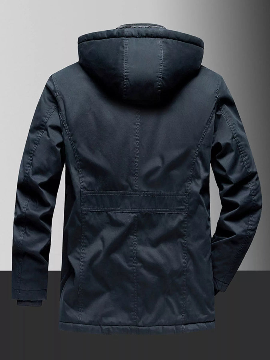 Men's dark blue hooded coat with fleece lining, featuring a back pocket detail.