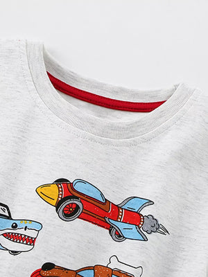 Light grey cotton t-shirt with whimsical vehicle print and red neckline trim.