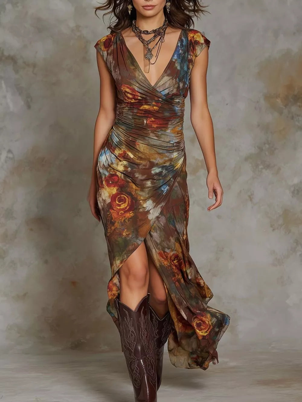 brown wrap dress with floral and deep v-neck