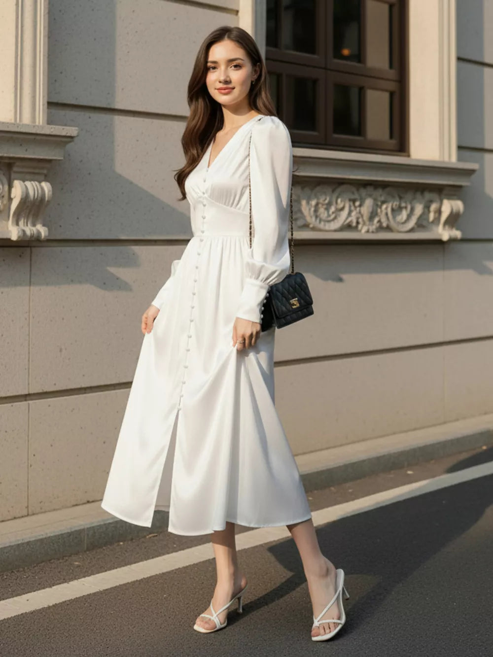 romantic midi dress in Black with v-neck