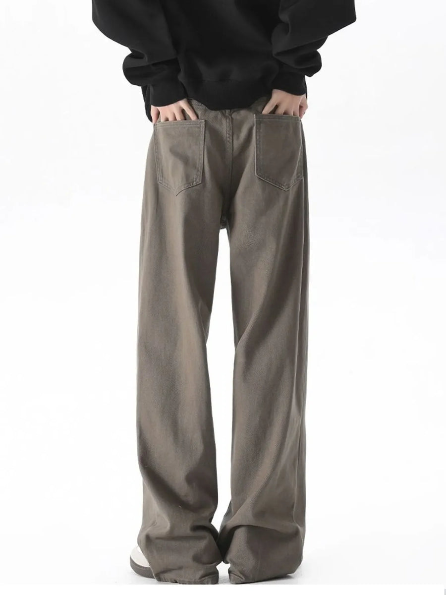 Brown wide-leg jeans with a comfort fit and two back pockets.