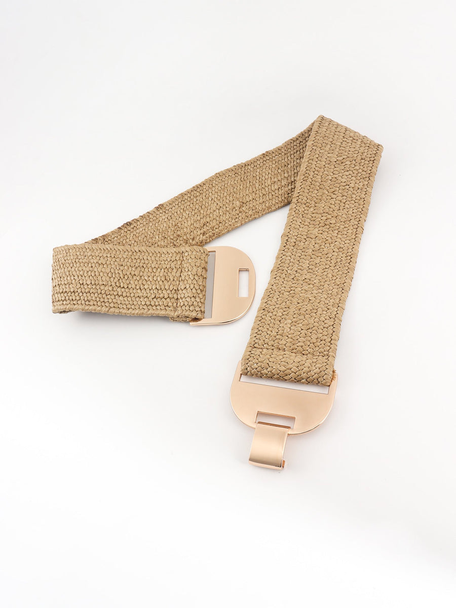 Khaki textured raffia belt with gold-tone buckle detail