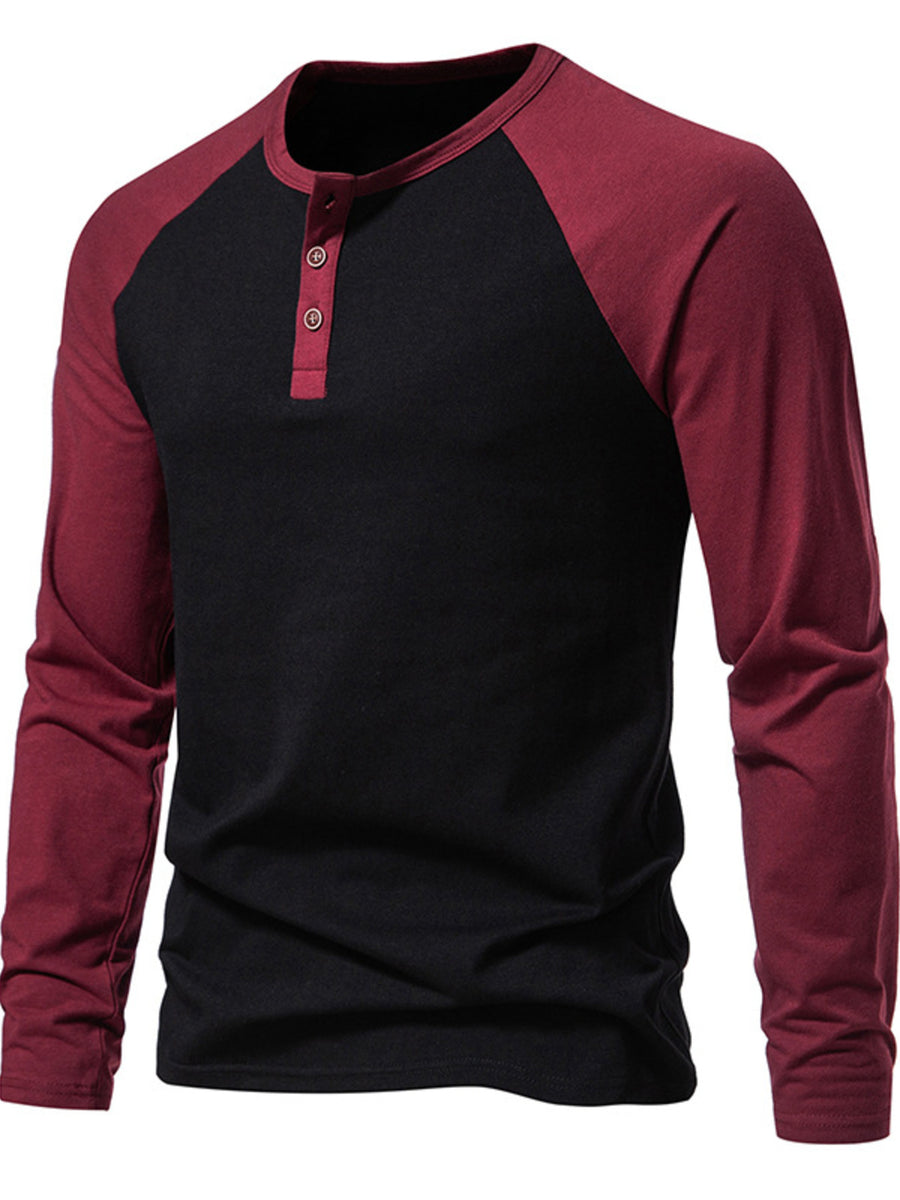 Men's black and wine red long sleeve henley t-shirt with buttoned placket