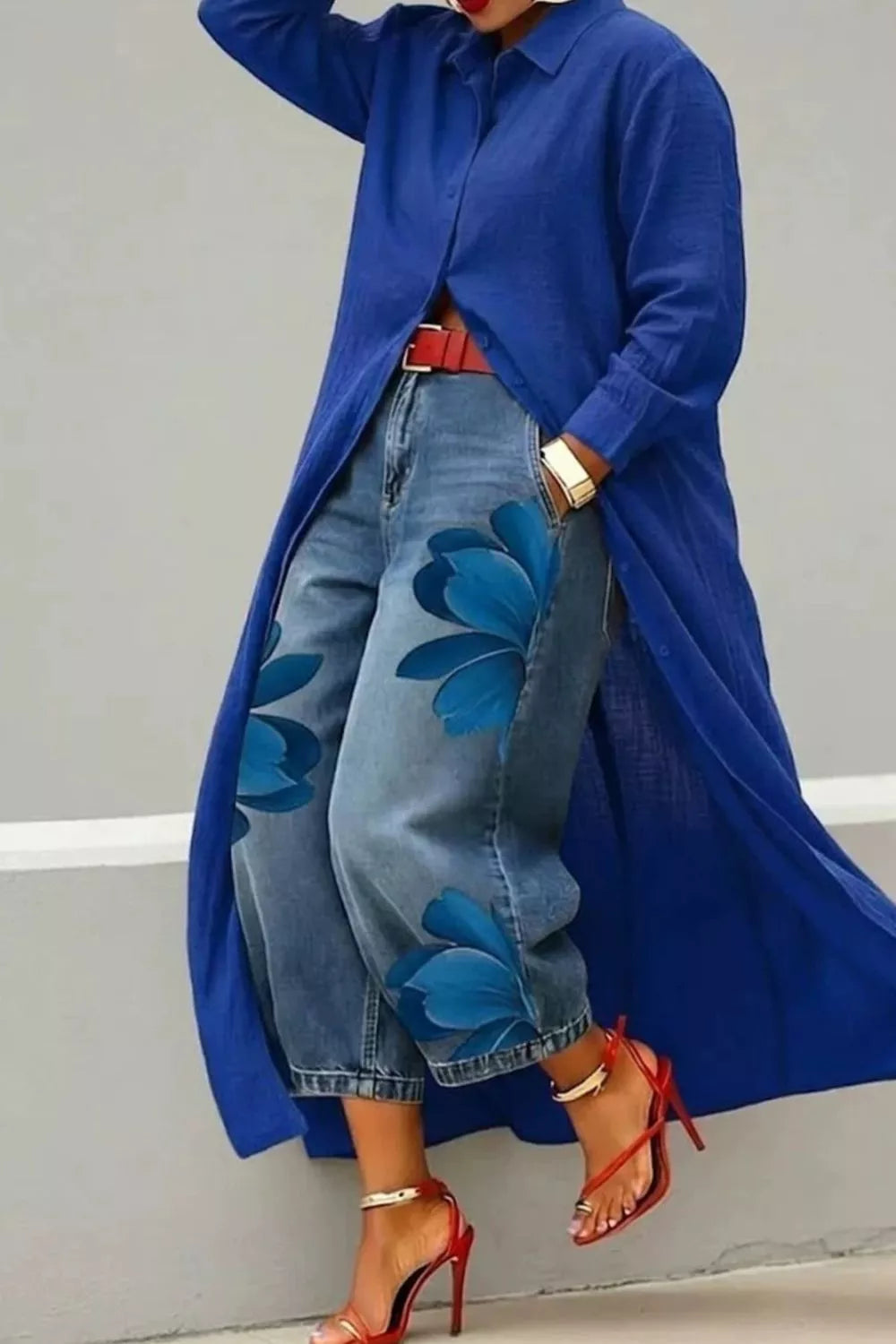 Button Up Long Sleeve Longline Shirt in Deep Red