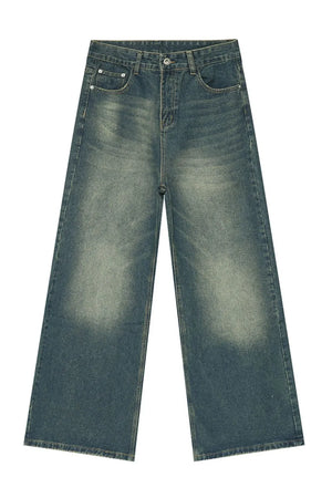 Faded wash wide-leg jeans in medium blue denim with a relaxed fit.