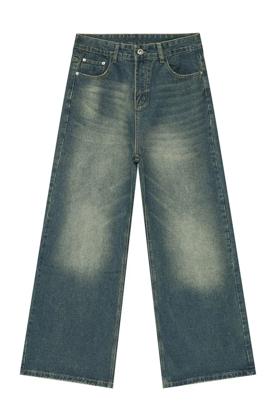 Faded wash wide-leg jeans in medium blue denim with a relaxed fit.