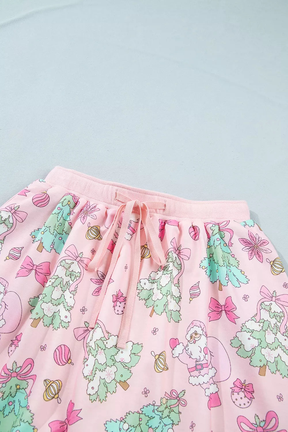 Floral Print Lace Trim Long Sleeve Top And Skirt Set in Blush Pink with drawstring waist