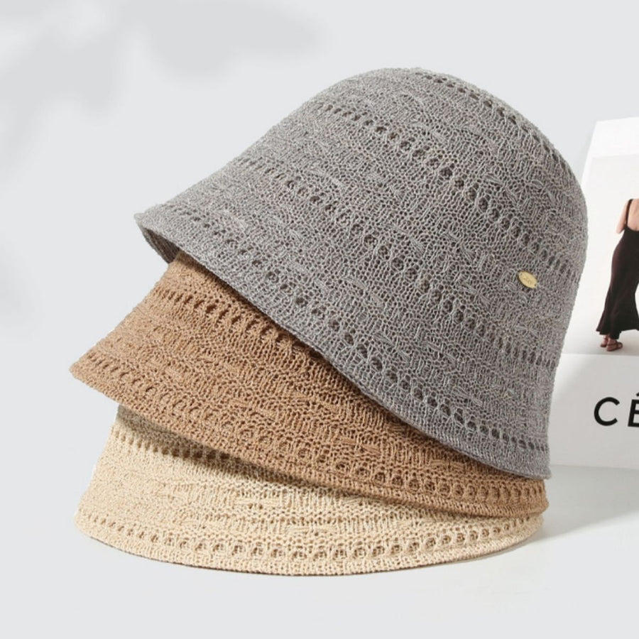 Ventilated knitted bucket hat in gray, beige, and khaki with a breathable open-knit pattern.