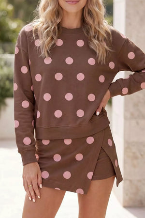 Brown Polka Dot Sweatshirt And Skirt Set