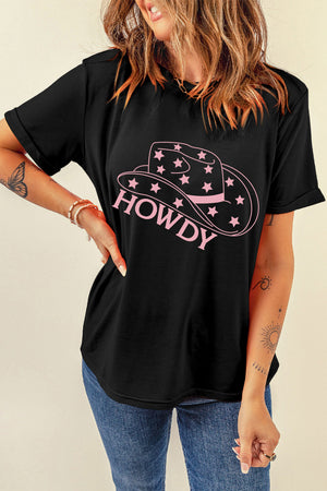 Black cotton t-shirt with rolled sleeves and a pink Howdy cowboy hat graphic with stars.