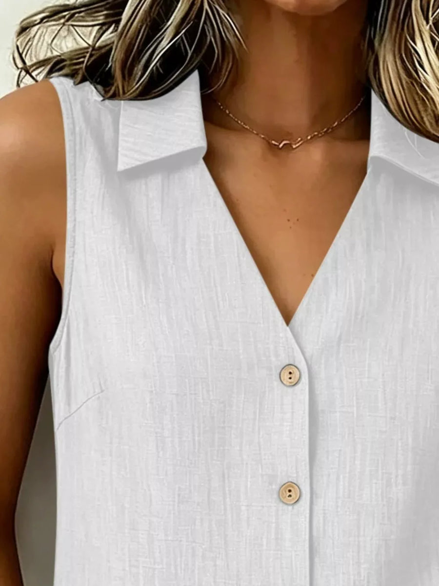 Full Size Button-up Sleeveless Collared Top in White
