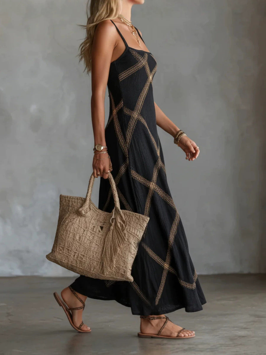 100% polyester Care instructions: Machine wash cold maxi dress in Black with A-line silhouette