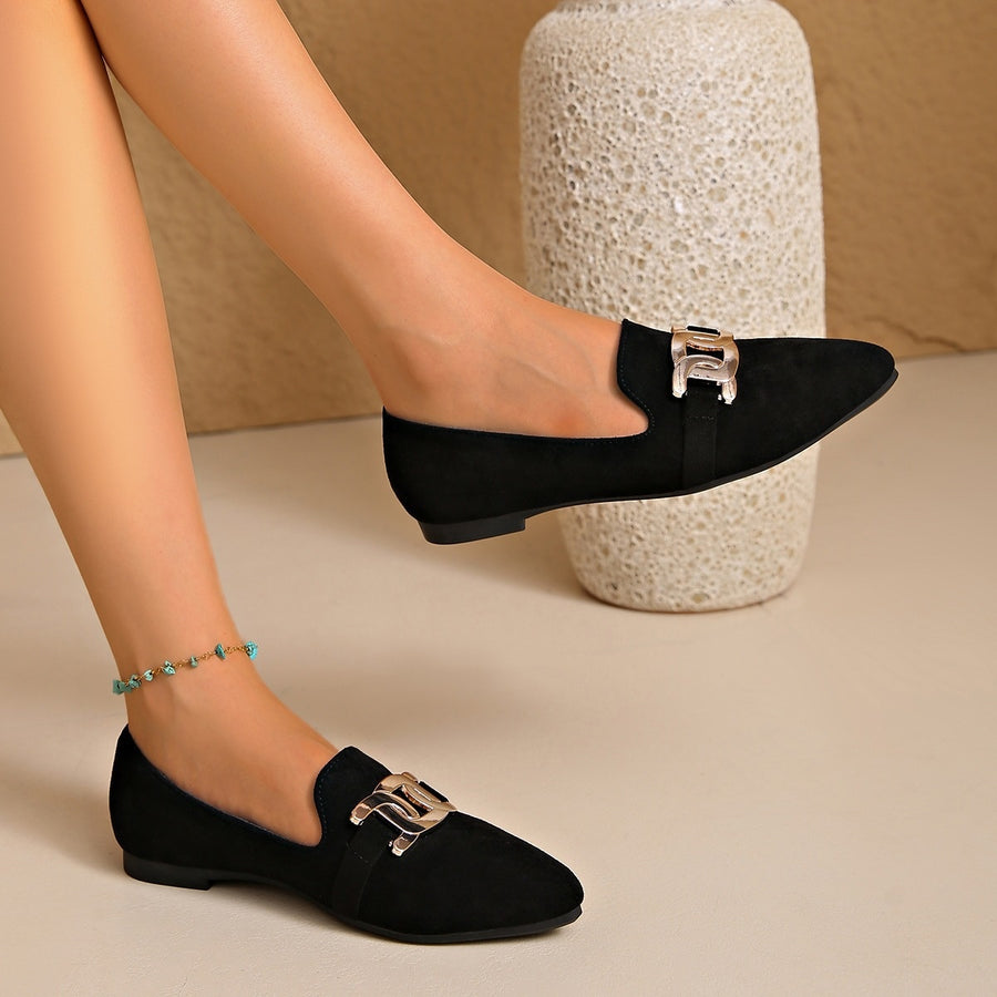 Pointed-Toe Suede Loafers With Chain Detail in Black with pointed-toe