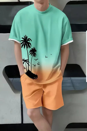 Men's casual set with palm tree graphic tee and orange shorts.