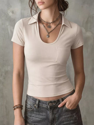 Scoop neck slim fit polo t-shirt in cream with a chest pocket.