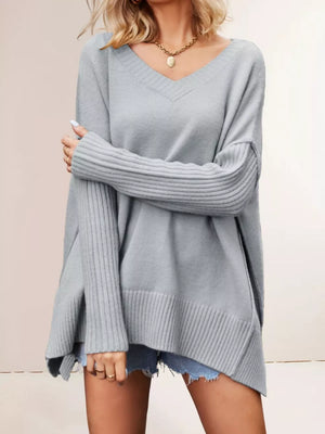 Khaki v-neck sweater with cropped and pullover