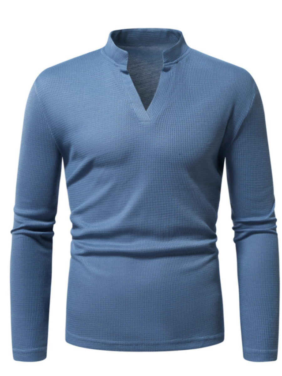 Men's dusty blue long sleeve t-shirt with notched V-neck and waffle knit texture.