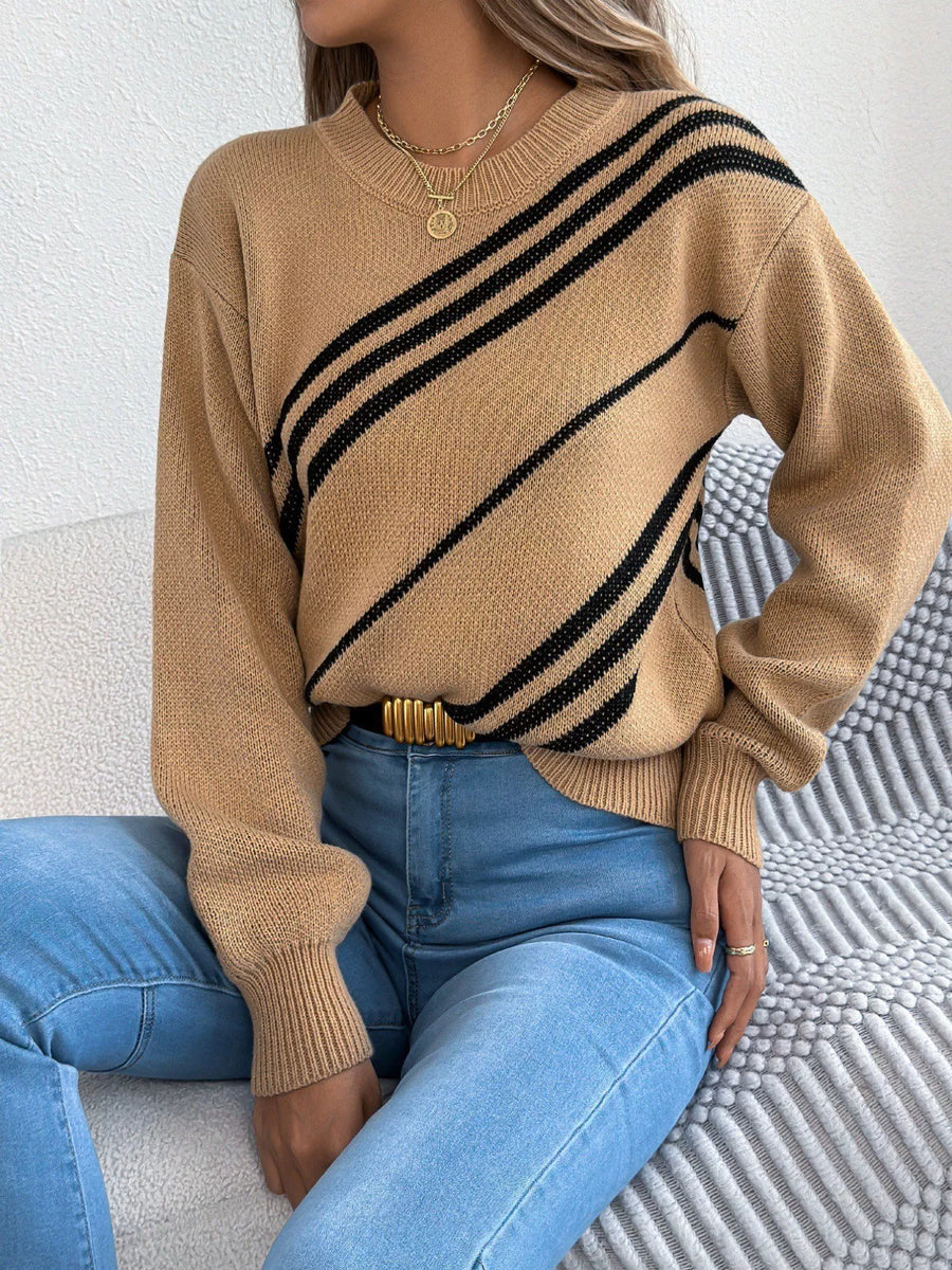 Khaki acrylic blend sweater with black diagonal stripes and round neck.