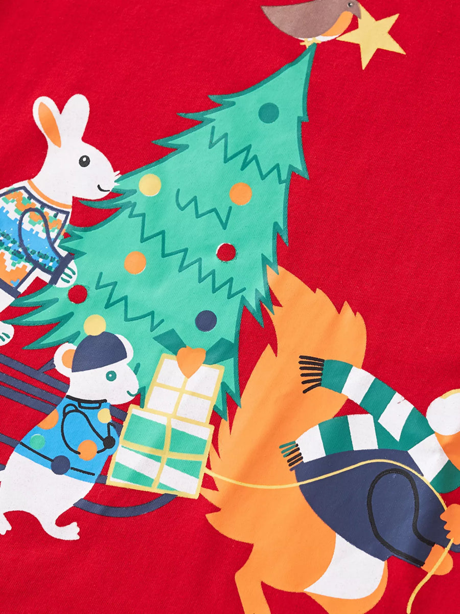 Red cotton t-shirt with Christmas animals, tree, and gifts graphic.
